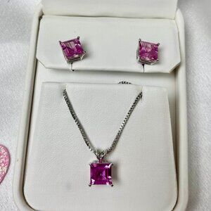Pink Topas earring and Pendant princess cut set in14k white gold ,